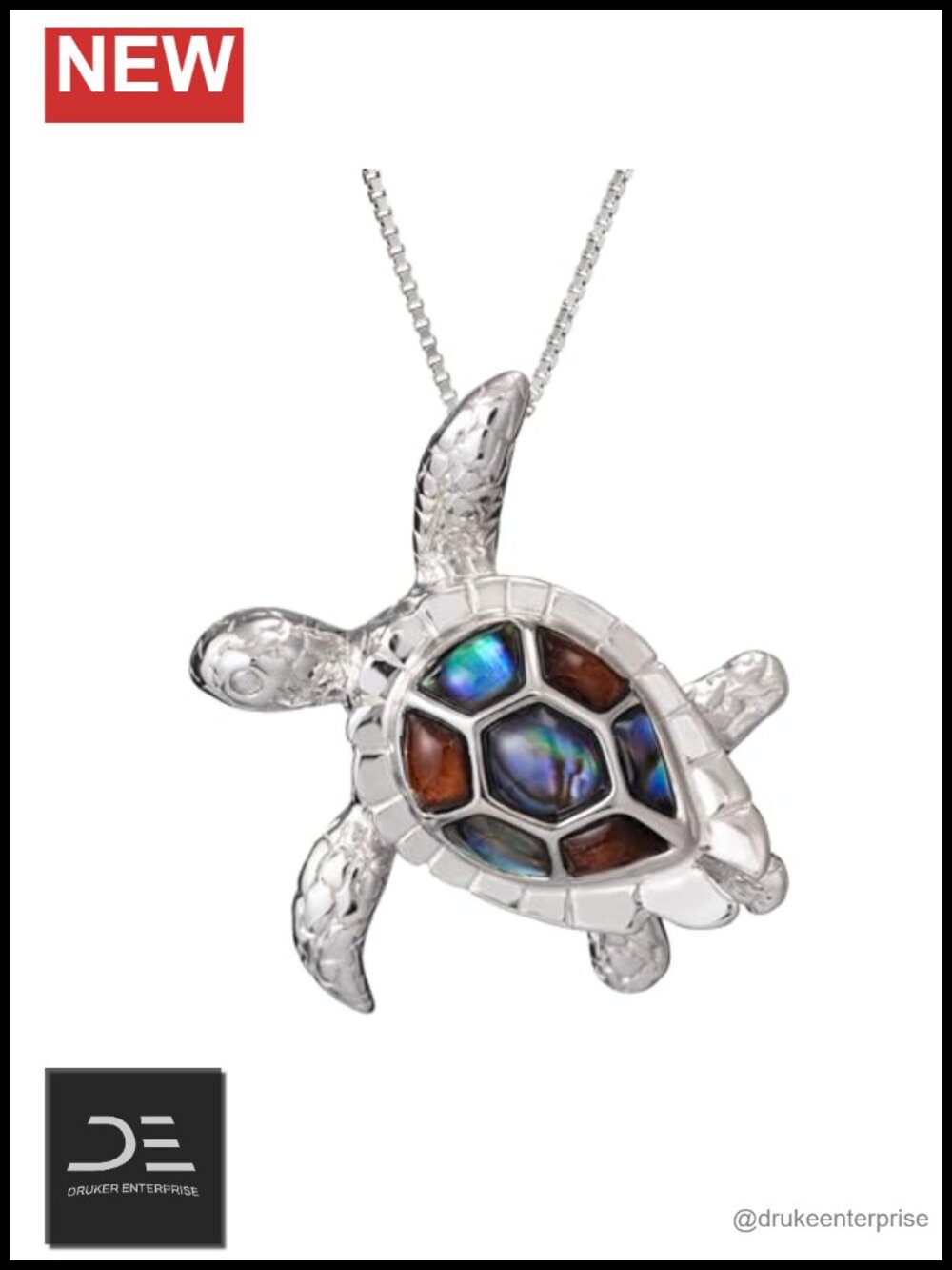 Sterling Silver Koa Wood Abalone 3D Turtle Pendant Necklace 18in Chain